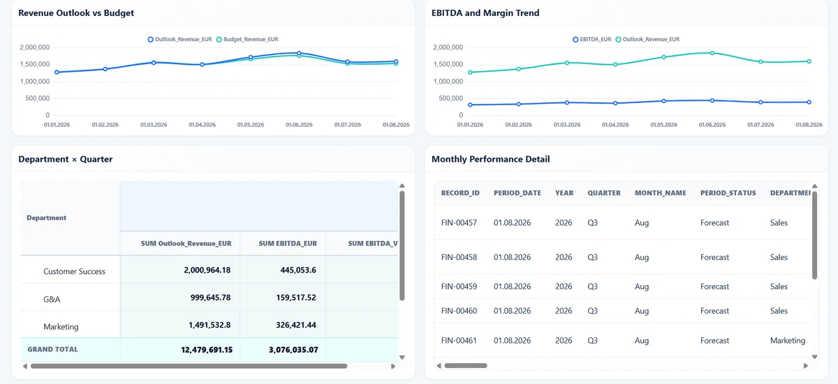 Financial dashboard with revenue and EBITDA trends, department pivot view and monthly performance detail